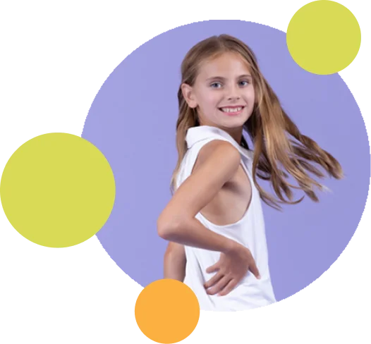 Young smiling dancer girl inside a purple circle with yellow and orange decorative accent dots